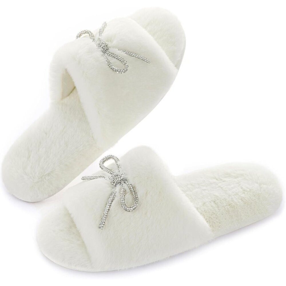 Women's Fuzzy Rhinestone Bow knot Open Toe White Slides Slippers Shoes